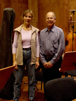 Photo of Harold Schiffman and harp soloist Adél Bélyei. János Richter Hall, Győr, Hungary (12 October 2002)
