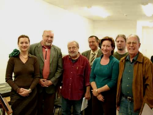 Photo taken after completion of the Violin Concerto's recording, violinist Rebekah Binford, conductor Mátyás Antal, composer Harold Schiffman, and the 'recording crew' gather backstage:  from left, interpreter Szidónia Juhász, recording engineer István Biller, conductor Mátyás Antal, producer Dávid Zsolt Király, violinist Rebekah Binford, assistant recording Engineer Gábor Daróczi, composer Harold Schiffman. Jnos Richter Hall, Győr, Hungary (21 September 2007)