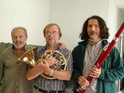 Photo taken backstage after recording the Double Concerto for Horn, Bassoon and String Orchestra:  Mátyás Antal, conductor; Tamás Zempléni, French horn; and Pál Bokor, bassoon. János Richter Hall, Győr, Hungary (16 September 2007)