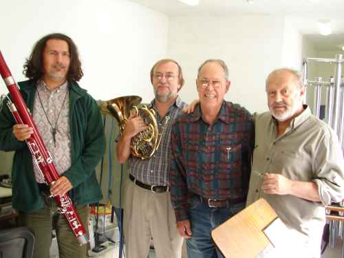 Photo taken after the Double Concerto for Horn, Bassoon and String Orchestra had been recorded:  Pál Bokor, bassoon; Tamás Zempléni, French horn; composer Harold Schiffman; and conductor Mátyás Antal backstage. János Richter Hall, Győr, Hungary (16 September 2007)