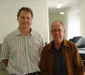 Photo taken after recording of the Concerto for Violoncello and Orchestra, soloist Ákos Takács and composer Harold Schiffman backstage. Jnos Richter Hall, Győr, Hungary (15 September 2007)