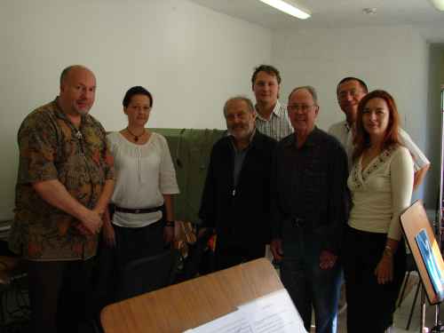 Photo of the principals backstage after recording the Violoncello Concerto:  from left, recording engineer István Biller, assistant recording engineer Mónika Bakos, conductor Mátyás Antal, 'cellist Ákos Takács, composer Harold Schiffman, producer Dávid Zsolt Király, interpreter Szidónia Juhász. Jnos Richter Hall, Győr, Hungary (14 September 2007)