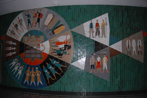 Photo of the mosaic in the lobby of the János Richter Hall, reflecting the history of Győr, served as backdrop to the October 15th RevitaTV interview. Győr, Hungary (15 October 2008)