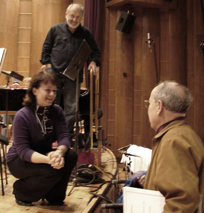 Photo of Katalin Halmai (kneeling), Mátyás Antal (standing in background), Harold Schiffman (right foreground) at the conclusion of Alma's rehearsal, Győr, Hungary (15 October 2008)