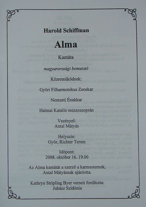 Photo of Detail of Alma's program cover, showing participants' names and credits, Győr, Hungary (16 October 2008)