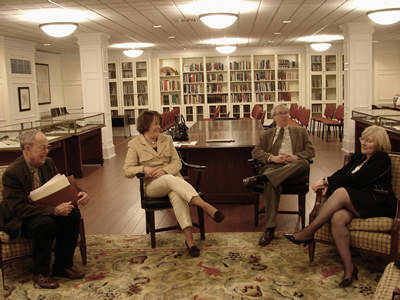 Harold Schiffman, Mrs. Miriam Blackwelder Fields,a Dr. William K. Finley,b Julia Rosenthalc in the Hodges Reading Room of Special Collections and Archive section of the Walter Clinton Jackson Library, The University of North Carolina at Greensboro (20 February 2009)