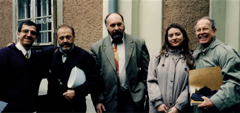 Photo after a symphony recording session:  David Zsolt Király (President, Kiraly Music Network), producer in Hungary; Mátyás Antal, conductor; István Biller, recording engineer; Szidónia Juhász, interpreter; Harold Schiffman, composer, outside the Evangelical Church (Evangélikus Öretemplom). Győr, Hungary (18 May 1998)