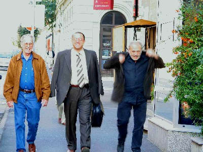 Three Musicians walking to János Richter Hall, Győr. (L to R)  Harold Schiffman, Dávid Zsolt Király, Mátyás Antal.Győr, Hungary (11 October 2008)