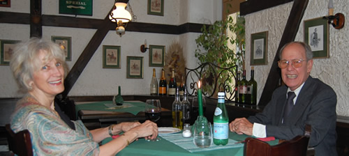 Harold Schiffman and Jane Perry-Camp celebrate the day's events, at Győr's Monarchia Restaurant – between the ceremony at Győr's City Hall and the European première of Alma in Győr's János Richter Hall. Győr, Hungary (16 October 2008) Photograph by Constance H. Kotis