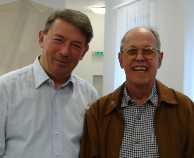 Harold Schiffman and Géza Németh, Concertmaster Emeritus of the Győr Philharmonic Orchestra who performed the violin solo parts for the recording of Symphony (1961), photographed backstage at the János Richter Hall, Győr. Győr, Hungary (20 October 2008)