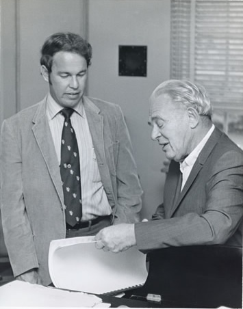 Harold Schiffman and Richard Burgin (right) discussing Harold's Prelude and Variations (1970), written for Burgin.
Photographed in Burgin's studio, Florida State University School of Music. Tallahassee, Florida (Fall 1970) Photographer unknown