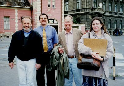 (L to R) Mátyás Antal, David Zsolt Király, Harold Schiffman, Szidónia Juhász, upon the completion of recording Harold's Symphony (1961) – standing near the Evangelical Church (<em>Evangélikus Öretemplom</em>), where the recording was made. Győr, Hungary (19 May 1998)