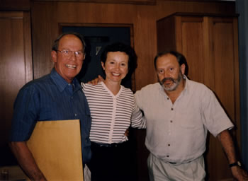 Photo taken before recording the oboe d´amore concerto:  Harold Schiffman, composer; Julie Ann Giacobassi, solo oboe d´amorist; Mátyás Antal, conductor. The MATAV Music House, Budapest, Hungary (1 July 1999)