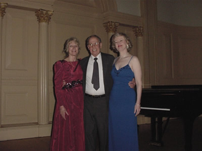 Photo taken inside Weill Recital Hall at Carnegie Hall, New York: Jane Perry-Camp, Harold Schiffman and Gayle Seaton taken at Carnegie Hall on stage after the All-Schiffman Concert celebrating his 75th Birthday; North/South Consonance Concert Series. (10 March 2003) Photograph by Douglass Seaton