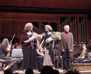 Photo of First Performance of Alma. Taking bows:  mezzo-soprano soloist Nadine Cheek Whitney, poet Kathryn Stripling Byer, composer Harold Schiffman. Opperman Music Hall, The Florida State University College of Music, Tallahassee (15 April 2005)