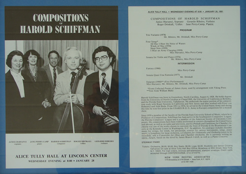 Photo of the flyer for the all-Schiffman Alice Tully Hall concert that included the world première of Epigram (1980).