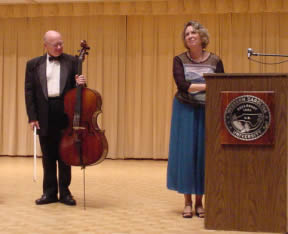Photo of violoncellist David Moore, poet Kathryn Stripling Byer. Coulter Recital Hall, Western Carolina University, Cullowhee, North Carolina (26 August 2004)