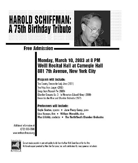 Photo of the front of the flyer advertising the all-Schiffman concert, a 75th birth year celebration of the composer life's and work. The concert contained world premières of Two Country Dances for Lady Jane, for Piano (2001), Anaïtis´s arias (2002).