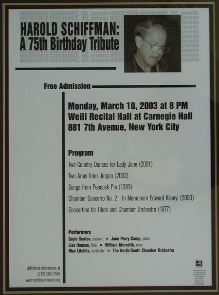 Photo of the poster for the all-Schiffman concert in Weill Hall of Carnegie Hall, celebrating the 75th birth year of the composer, and offering world premières of Anaïtis´s arias (2002), Two Country Dances for Lady Jane, for Piano (2001)
