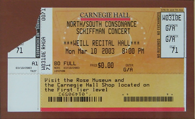 Photo of an admission ticket for the all-Schiffman concert in Weill Hall of Carnegie Hall, celebrating the 75th birth year of the composer, and offering world premières of Anaïtis´s arias (2002), Two Country Dances for Lady Jane, for Piano (2001)
