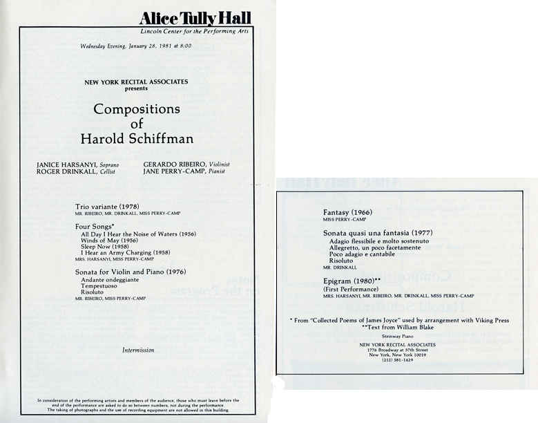 Photo of the program booklet contents for the all-Schiffman Alice Tully Hall concert that included the world première of Epigram (1980).