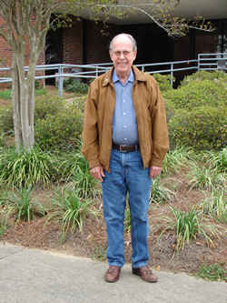 Photo of Harold Schiffman standing in front of the Florida State University Broadcast Center, 1600 Red Barber Plaza, prior to his interview for its 3 April 2009 broadcast.; Tallahassee, Florida (31 March 2009)