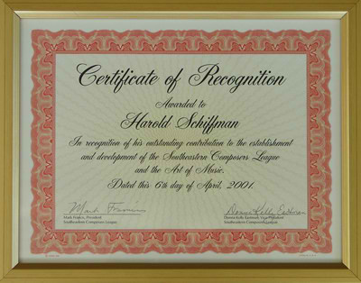 Photo of Certificate of Recognition to Harold Schiffman for "his outstanding contribution to the establishment and development of the Southeastern Composers League and the Art of Music" Dated 6 April 2001