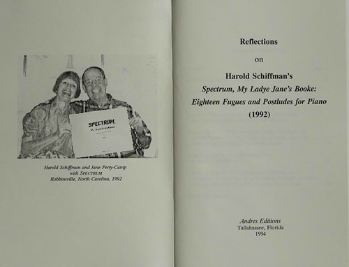 Photo of the frontispiece and title page of Reflections: a booklet of essays accompanying performances of Spectrum, explaining and reacting to the composition; Published by Andres Editions 1994