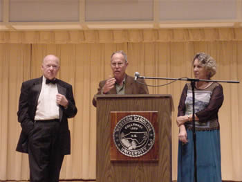 Photo of violoncellist David Moore, composer Harold Schiffman, poet Kathryn Stripling Byer. Coulter Recital Hall, Western Carolina University, Cullowhee, North Carolina (26 August 2004)