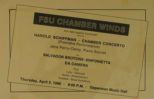 Photo of the poster for the world première of the Chamber Concertino for Piano and Double Wind Quintet (1985); Opperman Music Hall, The Florida State University, Tallahassee, Florida (3 April 1986)
