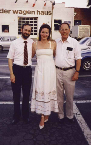 Photo of (L to R) Rebekah Binford, Michael Schultz, and Harold Schiffman after the world première of Duo Concertante (for violin and English horn) (1990); Durham, North Carolina (6 June 1990)