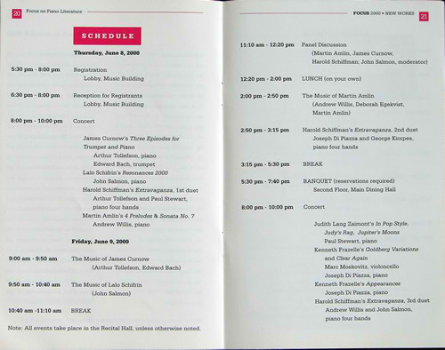 Photo of pages 20 and 21 of the program announce the performance of each of the three piano duets, played as a separate composition. (8-10 June 2000) Photograph courtesy of UNCG School of Music