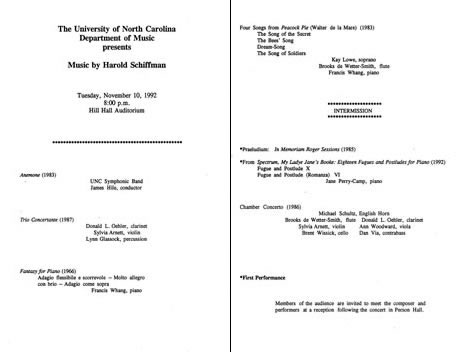 Photo of the program for the 1992 all-Schiffman concert presented by the  University of North Carolina Department of Music. Hill Hall Auditorium, The University of North Carolina at Chapel Hill (10 November 1992)