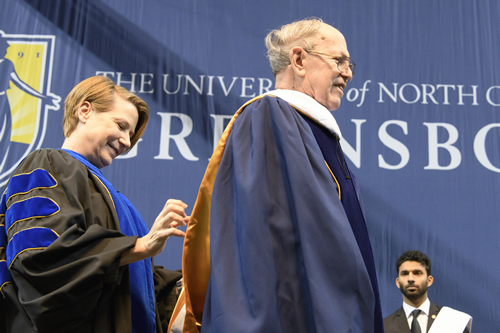 Photo of Provost & Executive Vice Chancellor Dana Dunn and Harold Schiffman