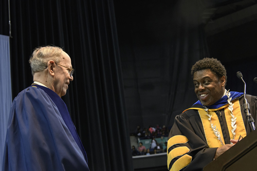 Photo of Harold Schiffman and Chancellor Franklin D. Gilliam Jr.